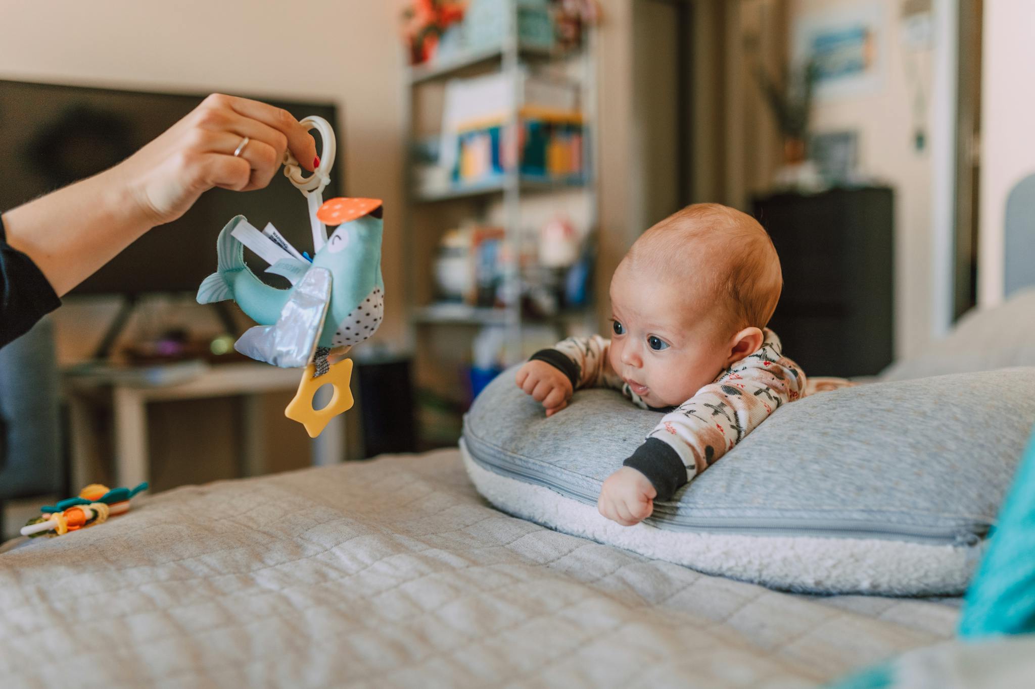 Cute baby showing curiosity while playing with a colorful bird toy in a cozy indoor setting.